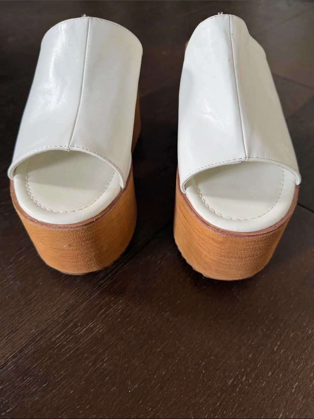 ACata White Platform Slide Sandals with Wood-Effect Wedge Size 7.5